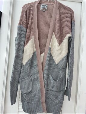 Cozy Colorblock Open-Front Cardigan - Dusty Rose, Gray & Cream